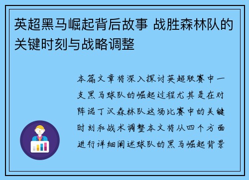 英超黑马崛起背后故事 战胜森林队的关键时刻与战略调整