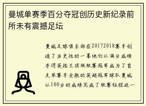 曼城单赛季百分夺冠创历史新纪录前所未有震撼足坛