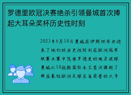 罗德里欧冠决赛绝杀引领曼城首次捧起大耳朵奖杯历史性时刻